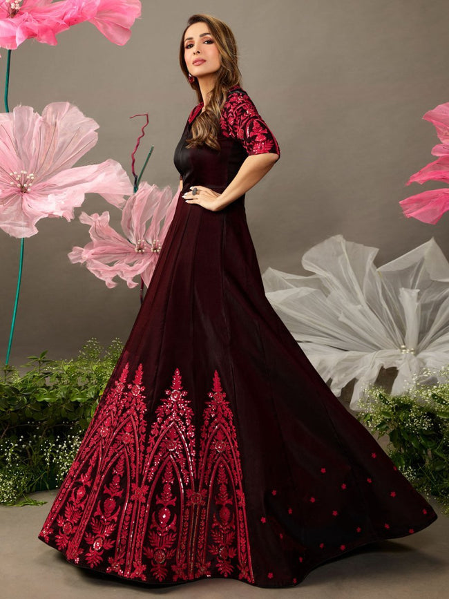 Beautifull jaquard and viewing fabric floor touch maroon color gown